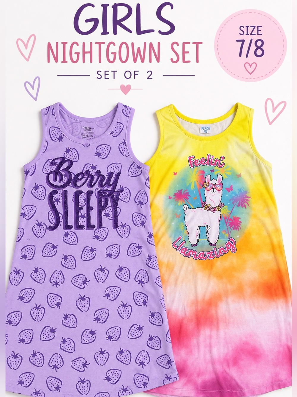 Girls Nightgown Set of 2 Berry & Llama Size 7/8